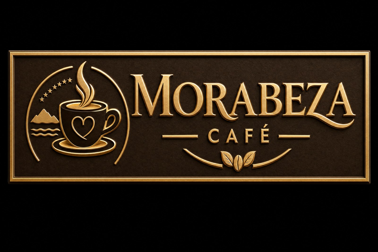 The carved Morabeza Café sign — a coffee cup bearing a heart, beneath an arc of ten stars for the ten islands of Cape Verde, with a mountain peak and sea waves below